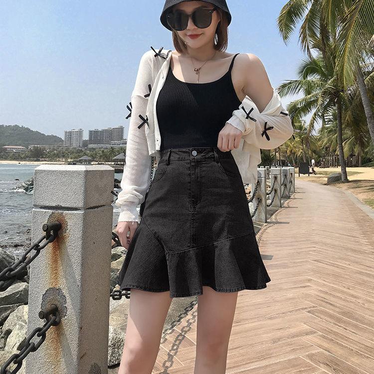 Denim Skirt Ladies Short Fishtail Retro High Waist Ruffled Hip A-line Skirt