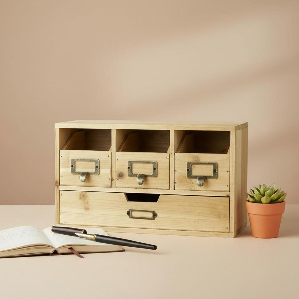 Rustic Desktop Storage Drawers Multi-Compartment Wooden Desk Organizer