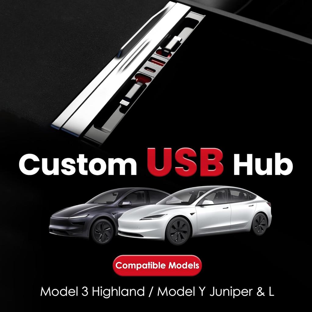 Polwlamks 65W Fast Charging USB Hub for Tesla 2025-2026 Model Y Juniper 2024-2025 Model 3 Highland, 4-in-1 Multi Ports & Retractable Cable, Model Y L