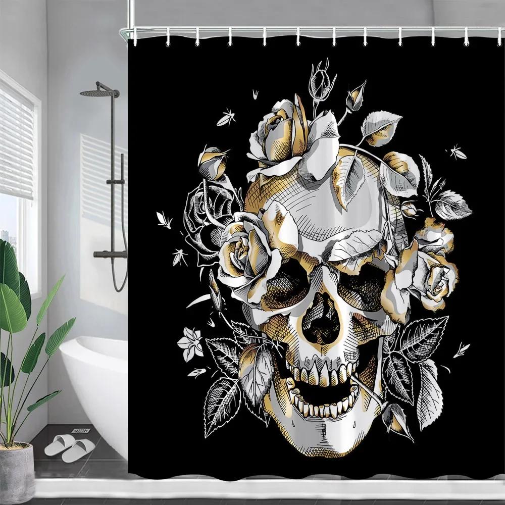 

Цветочный Череп Шторки для душа Розовые цветы Скелет Акварельное искусство Смешные Хэллоуин Занавеска для ванны Ткань Декор для ванной комнаты с крючками 180x210cm-70x83in