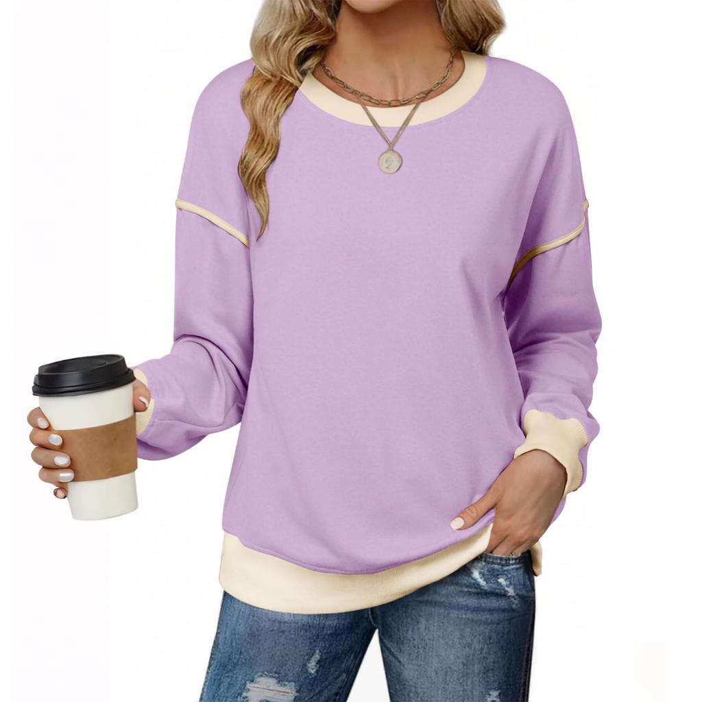Women's Fashionable Round-Neck Wool Blend Long-Sleeve Color-Blocked Oversized Top