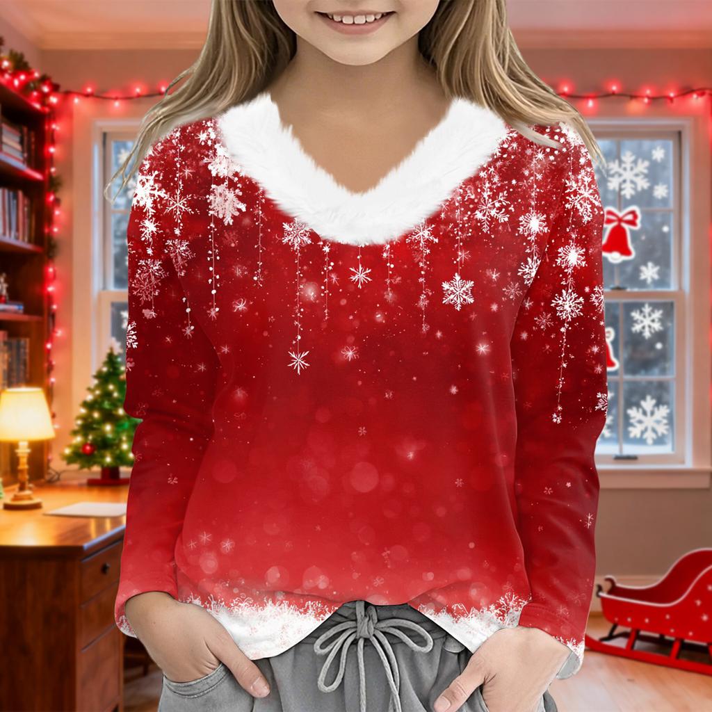 Christmas Day Girls Long Sleeve T Shirts Kids  Girls' V-Neck Tee Christmas Print Long Sleeve Top