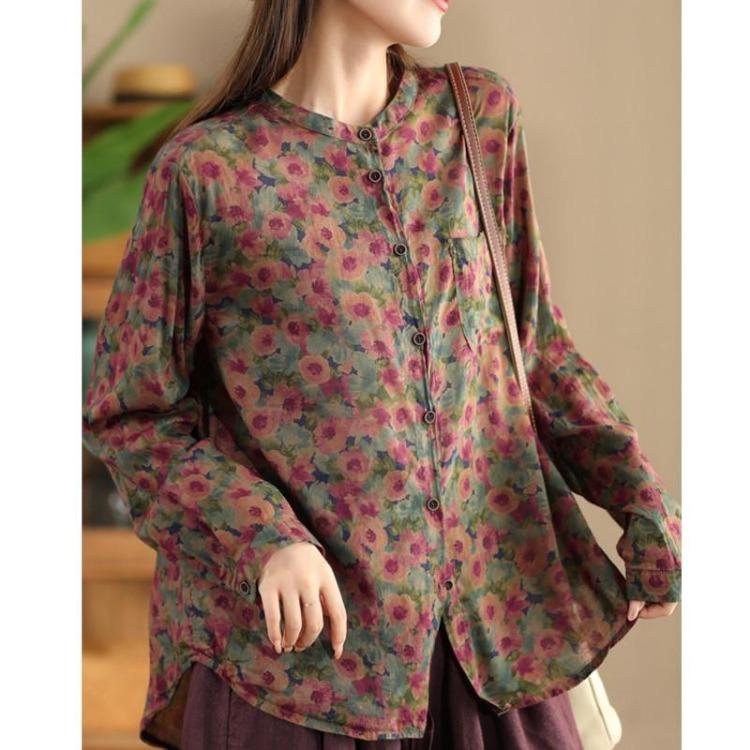 Vintage Floral Print Chinese Style Shirt Loose Long Sleeves Single Breasted Autumn Fashion Women Blouse