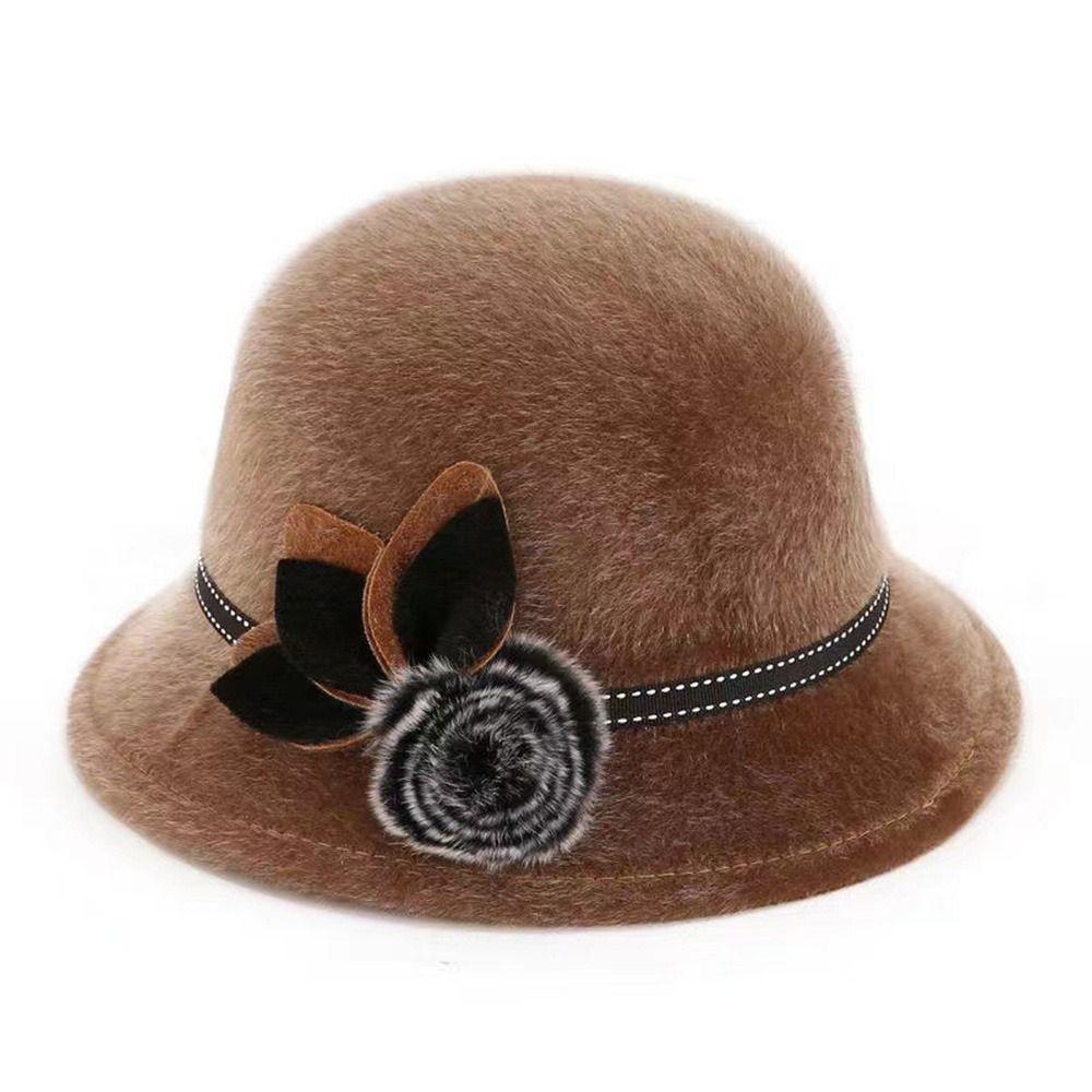 Ladies Bowler Hat Autumn Winter Fedoras Cap Wool Hats Dome Hat With Flower