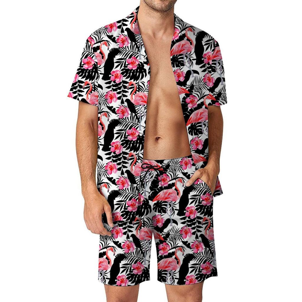 Herren Casual Locker Hemd Set Hawaiianische Küste 3D Digitaldruck Strand Kurzarm