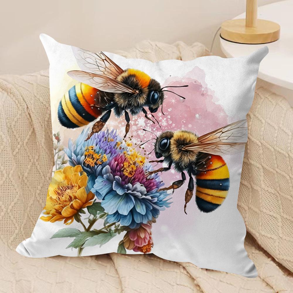 Bee and flowers Cushion Cover Soft Plush Fabric DoubleSided Printed Sofa Cushion Cover for All Seasons Home Decor Gift