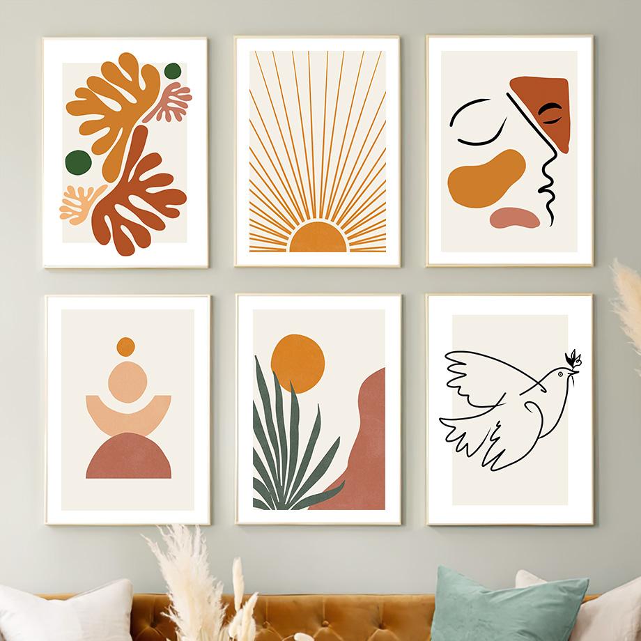 Boho Abstract Line Geometry Women Face Leaf Plant Pigeon Art Prints, Canvas Painting Posters, Wall Pictures, Living Room, Home D