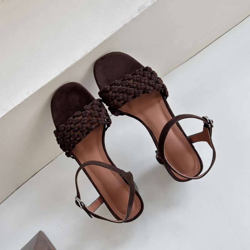 

Krazing Pot Соломенное плетение, летние, размер 40, натуральная кожа, французский шик, толстые каблуки, женские босоножки с открытым носком 34 кофейный