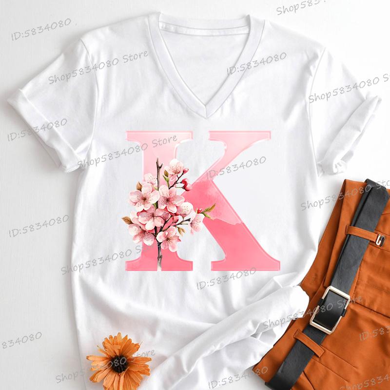 Pink Sakura Alphabet Graphic T Shirts Women AZ 26 Alphabet Pink Flower Cartoon Tshirts Cherry Blossom Letters Casual Tops Tees