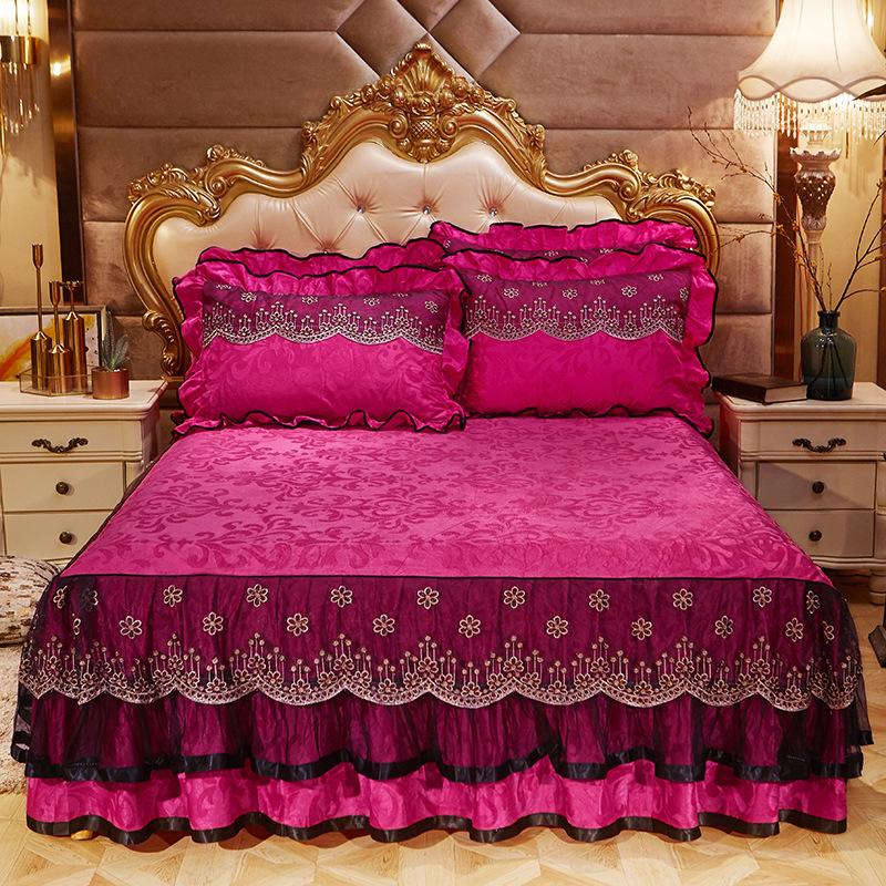 Velvet Lace Bed Skirt European-Style Embossed Bedspread Non-Slip Protective Cover Autumn and Winter Warm Bedding