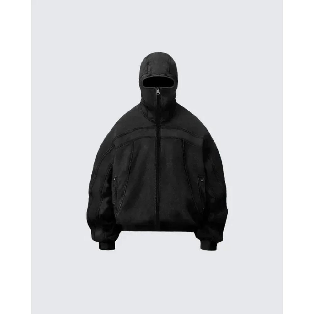 RogueWave Classic Balaclava Hoodie Men Washed Gray Ninja Pullover Sweatshirt Hip Hop Splicing Y2k Vintage Winter Streetwear Couple Tops