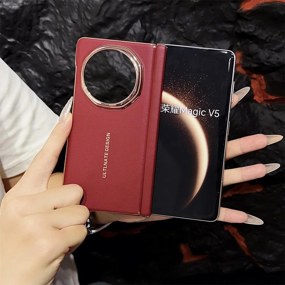 

New Luxury Busine Sle PU Leather Skin Plating Phone Case for Huawei Honor Magic V5 Shockproof Protective Hinge Hard Back Cover Honor Magic5 червоний