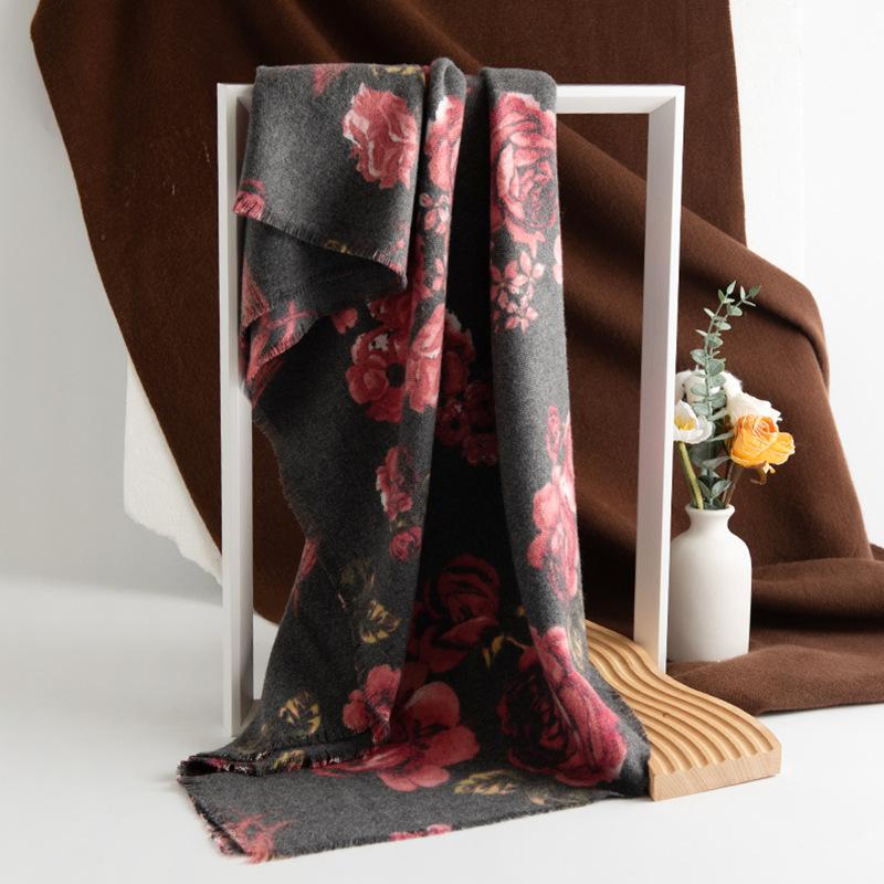 Cross Border 2025 Autumn Winter New Imitation Cashmere Tassel Shawl Fresh Sweet Rose Printed Cold Warm Scarf