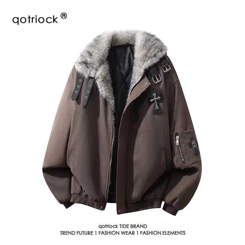 QOTRIOCK Unisex Cross Fur Collar Padded Winter Jacket XL