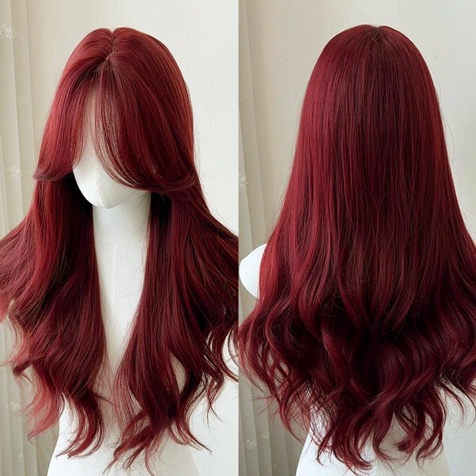 Synthetic Red Ombre Black Color Lolita Long Straight Wigs With Bangs Daily Party Cosplay Wig For Women