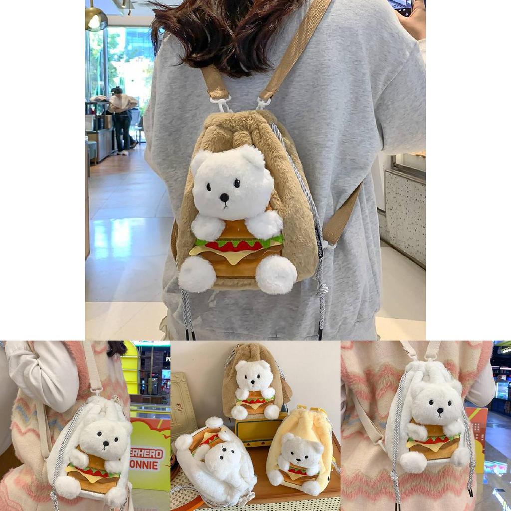 Niedlicher Burger Bär Rucksack Cartoon Plüschpuppe Umhängetasche Gelb Braun Weiß Weiche Stickerei Frauen Geschenk