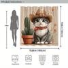 1pc Anthropomorphic Kitten Cowboy Hat & Cactus Shower Curtain - Whimsical Western Bathroom Decor with Soft Textured Design,