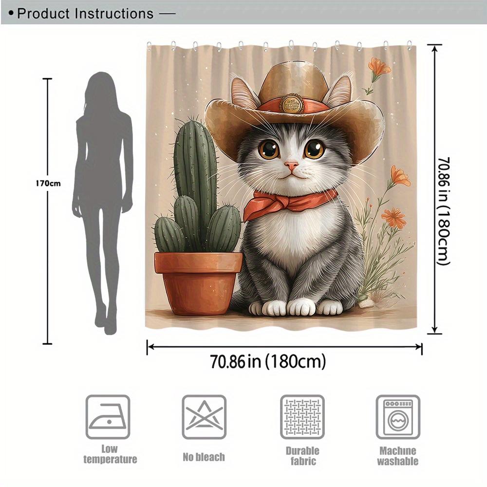 1pc Anthropomorphic Kitten Cowboy Hat & Cactus Shower Curtain - Whimsical Western Bathroom Decor with Soft Textured Design,