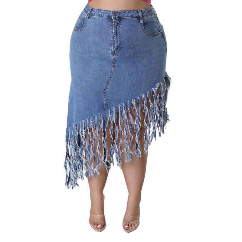 Plus Size Womens Denim Midi Skirt With Fringe Detail High Stretch Irregular Hem Casual Chic Outfit XL светло-синий