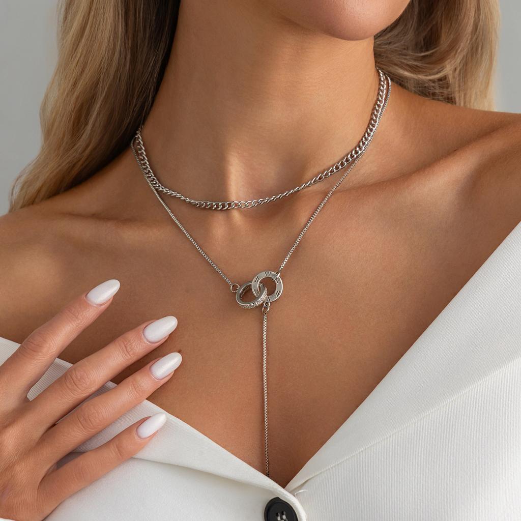Women's Geometric Double Ring Layered Necklace With Bar Pendant Y Shape Chain Stylish Metal Collar For Daily Office Wear