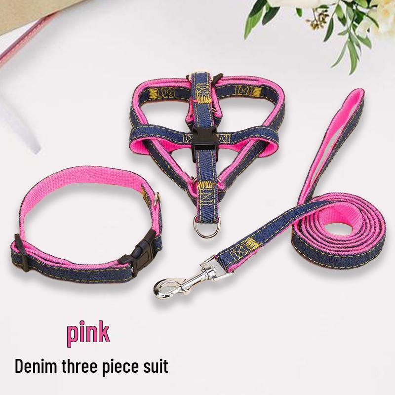 Denim Dog Leash and Harness Set with Teddy Chain for Small To Medium Dogs