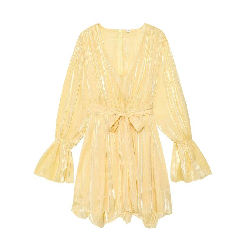 Kaslead New Women clothes Western Style Fashion Simple Loose Long sleeve V-neck Lace-up Dress