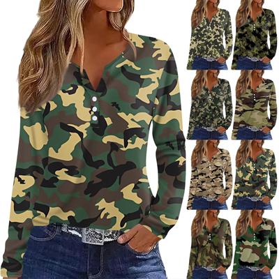 Camiseta de mujer con botones de manga larga para uso diario, fin de semana, moda básica, cuello en V, parte superior regular