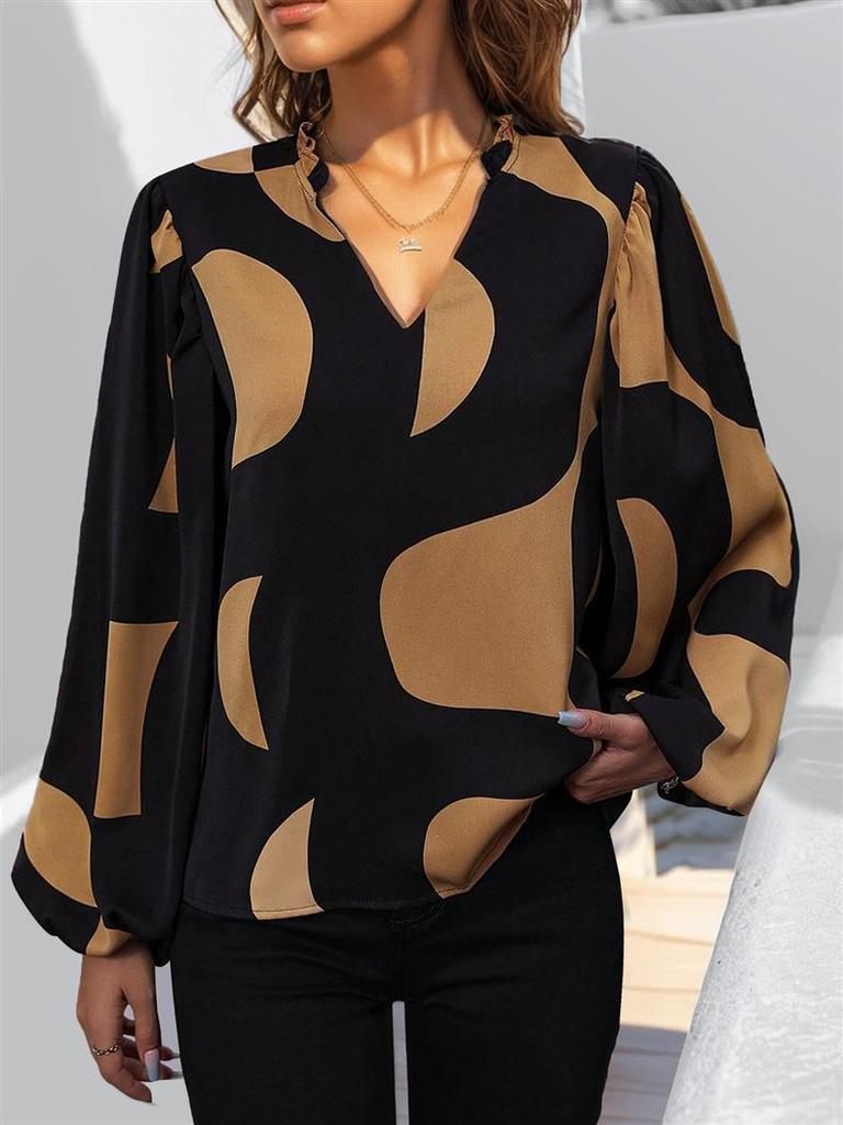 2024 Autumn Women's V-neck Printed Pullover Top - European & American Fashion