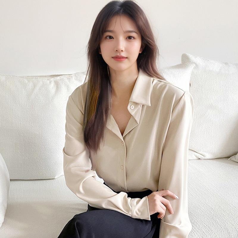 Minimalist Shirt for Women In Spring Autumn, Polo Collar Lazy Style Professional Versatile OL Commuting Solid Color Shirt Blouses & Shirts