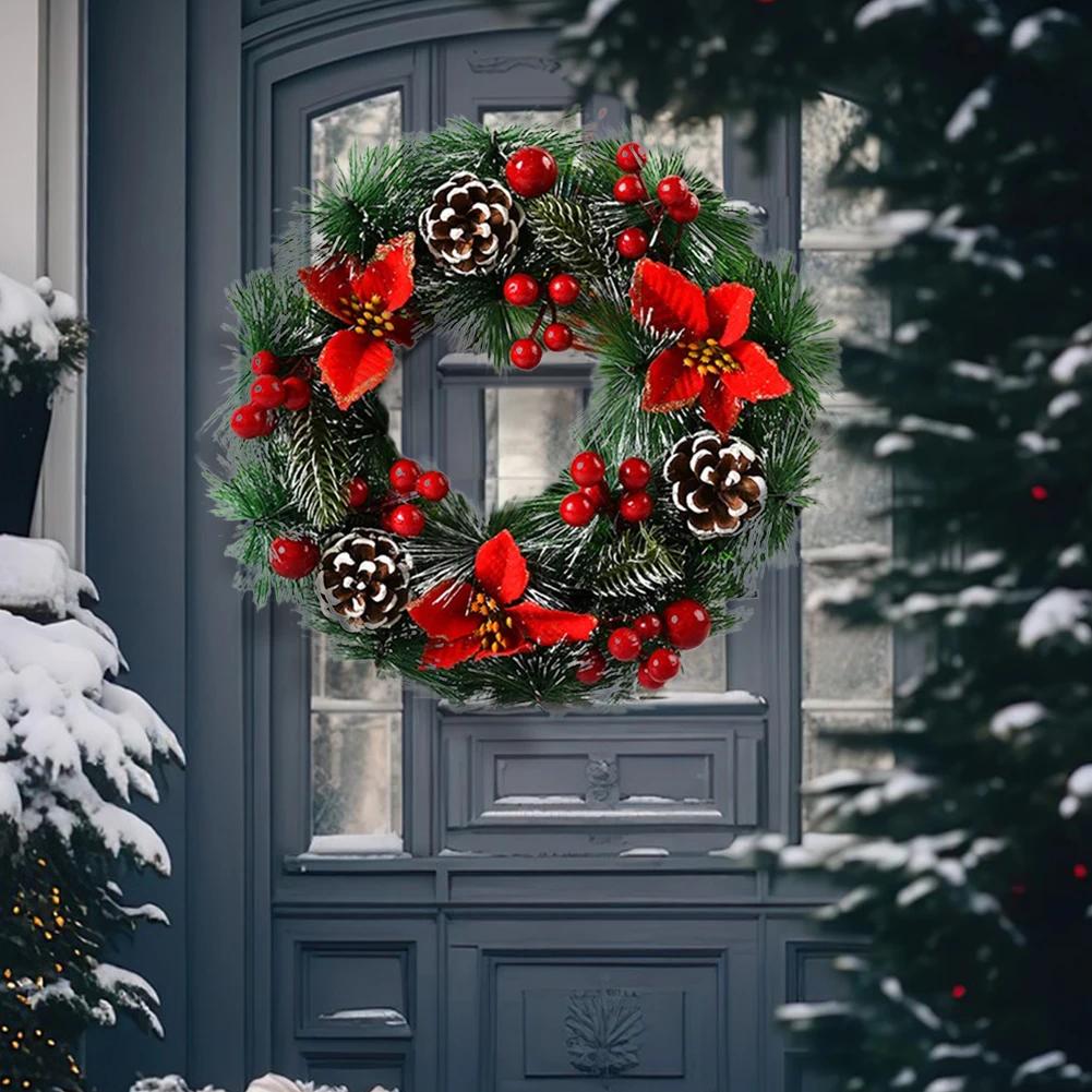 Red Christmas Wreath PVC Artificial Greenery Christmas Garland Window Door Wall Hanging Ornament Decorations Holiday Decor Gifts