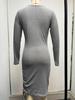 V-neck Knitted Sweater Dress - Long Sleeve, Slim Fit, Ruched Drawstring, Ribbed Design for Autumn/Winter