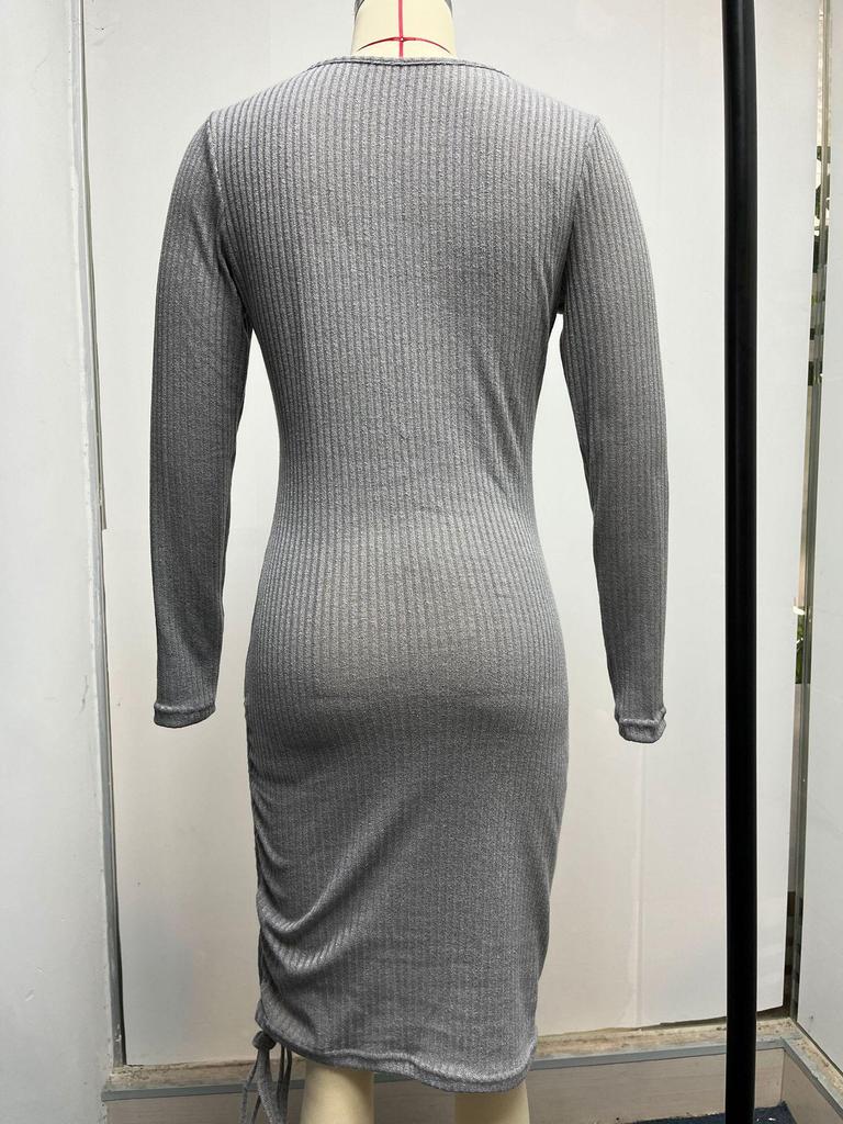 V-neck Knitted Sweater Dress - Long Sleeve, Slim Fit, Ruched Drawstring, Ribbed Design for Autumn/Winter