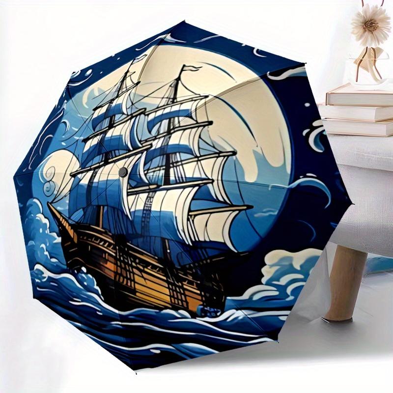 1pc Sailboat Ocean Automatic Open/close, Heavy-Duty Iron Frame & 8-Rib Structure, Compact Folding Umbrella for Women/Men, All-Season Travel, Halloween