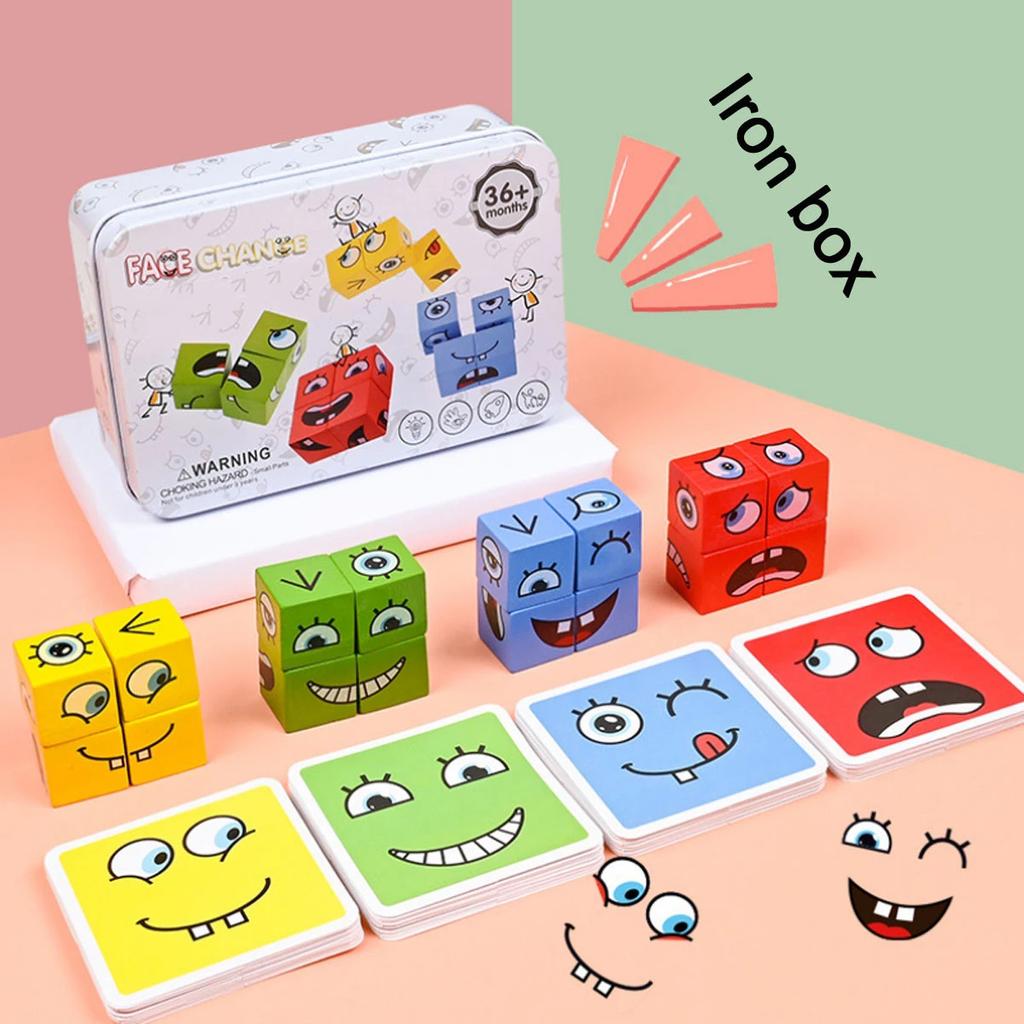 Wooden Face Changing Cube Toys Building Blocks for Cartoon Puzzle Montessori Jigsaw Educational Board Game Family Toys