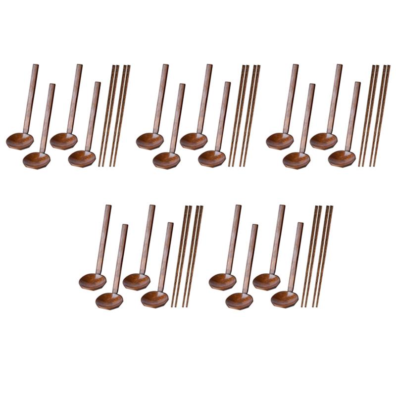 ABUL-20Pieces Japanese Long Handle Large Spoon Ramen Spoon Wooden Hot Pot Spoon Tortoise Shell Spoon Wood Rice Soup Dessert коричневый древесины