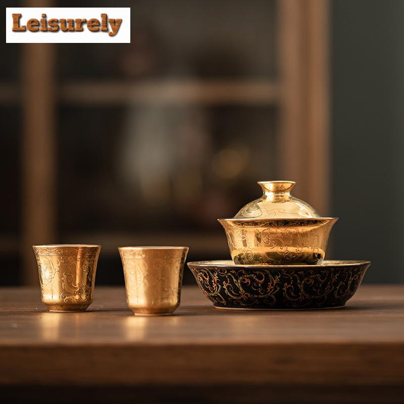 Gilded Chi Long Pattern Tea Set Complete Set Vintage Tea Ceremony Set Tea Maker Teapot And Tea Cup Set Cafes Supplies Ornaments