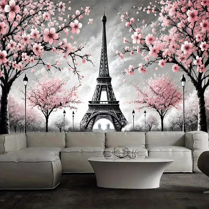 2D Black White Pink Eiffel Tower Cherry Blossom Tapestry for Home Aesthetic Decoration