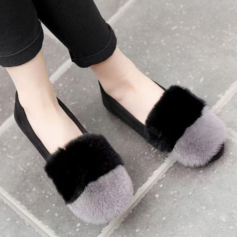 Autumn and winter fluffy shoes women's velvet new rabbit fur Doudou flat-soled pregnant women's soft-soled large-size non-slip cotton shoes