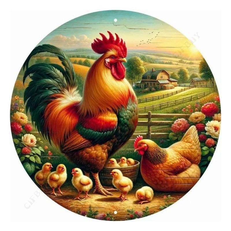 Chicken Coop Round Tin Sign, Farmhouse Style 20x20cm