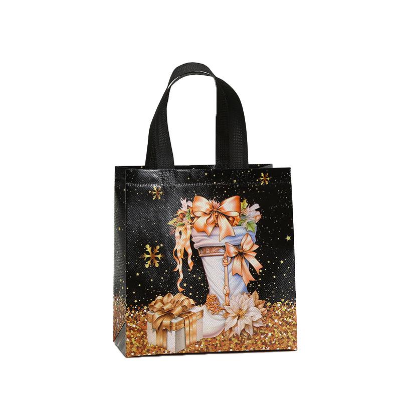 

1PC Tote Bags Waterproof with Handles Black & Golden Gift Bags Snowman Christmas Tree & Stocking Design 23*22*11