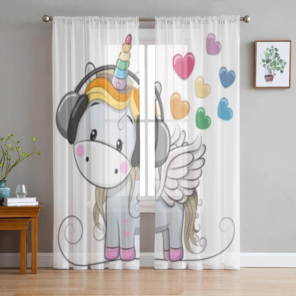 Cartoon Cute Unicorn Tulle Sheer Window Curtains For Living Room The Bedroom Modern Chiffon Voile Curtains Fabric Drapes