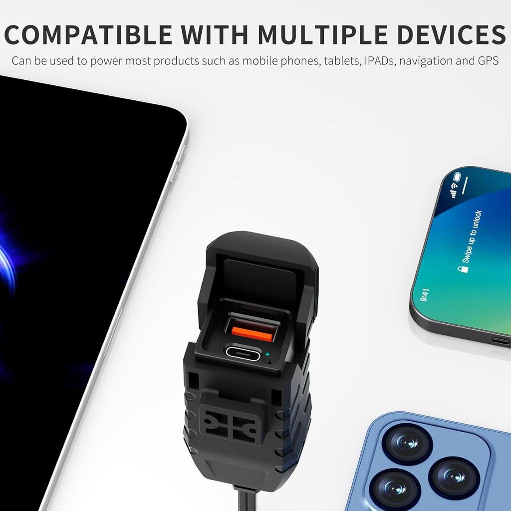 Motorcycle USB Charger, Dual USB Type C 30W PD & QC 3.0 Motorcycle Phone Charger With Voltmeter & ON/Off Switch, Waterproof ATV/Motorcycle/Dirt Bike