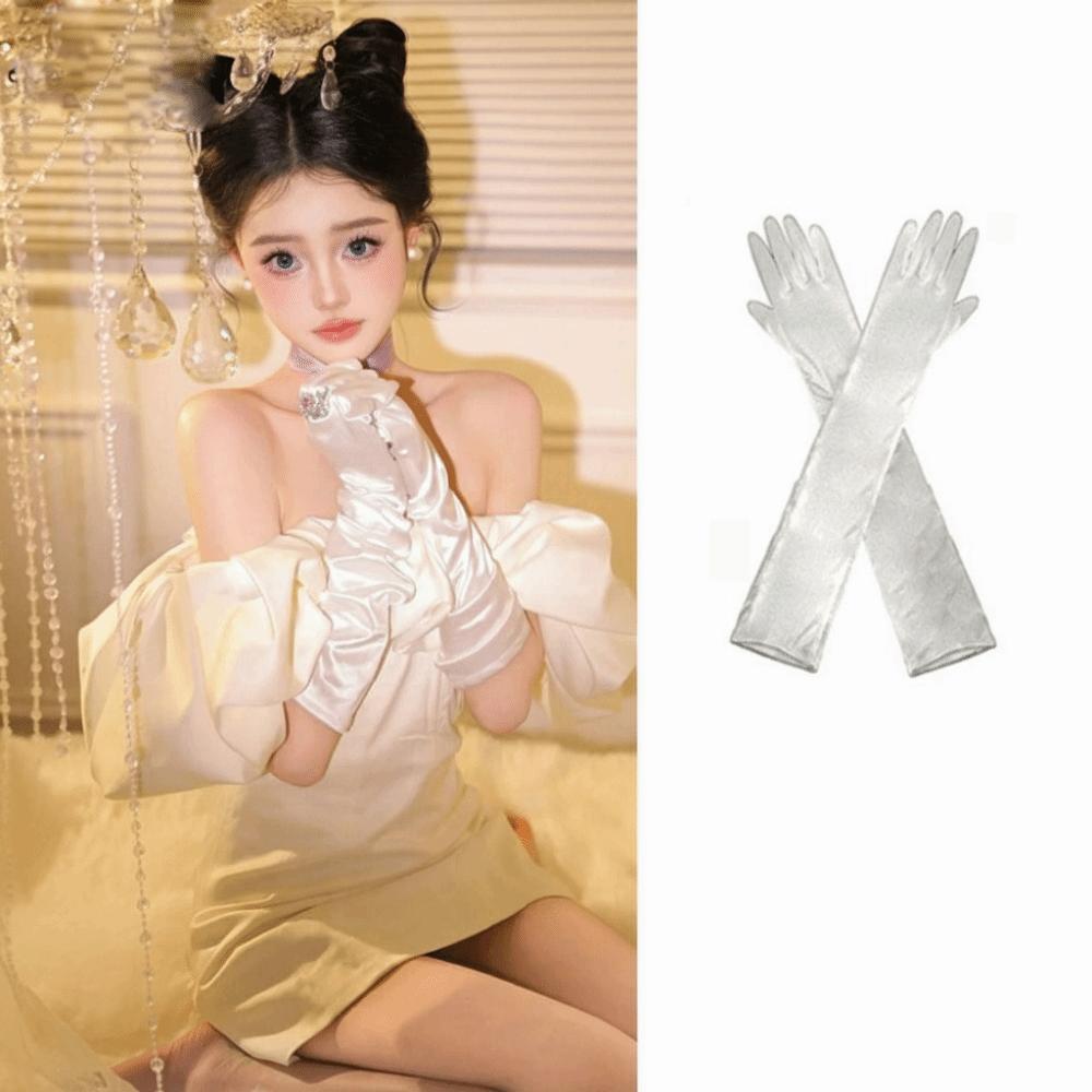 White Wedding Bridal Gloves Lace Long Finger Mittens Retro Satin Long Gloves  Show