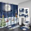 Cute Snowman Christmas Shower Curtain Set Silver Pine Branches Snowflake Xmas Balls Bathroom Decor Rug Bath Mat Toilet Lid Cover