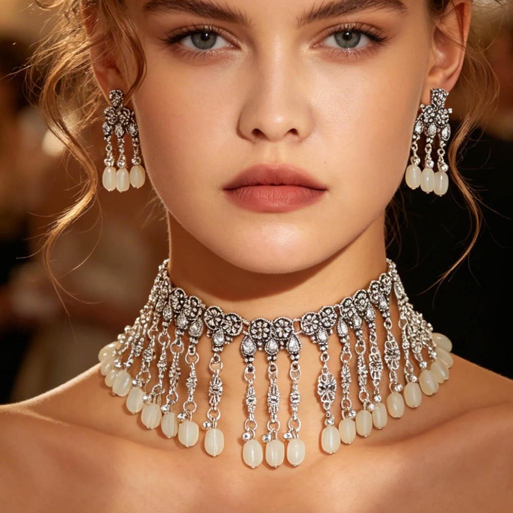European & American Ethnic Style Rhinestone Tassel Necklace & Earring Set