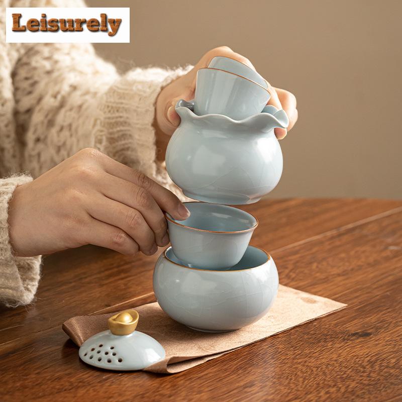 Lucky Bag Ru Kiln Porcelain Tea Set Kit Zen Teapot and Cups Kit Chinese Tea Brewing Picnic Portable Travel Bag Kung Fu Tea Set