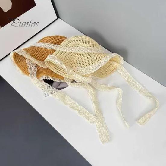 Sonnenhut aus Stroh mit breiter Krempe, gestrickter Fischerhut aus hohlem Stroh mit Spitzenbandverzierung, Sommer-Strandhut für Wanderausflüge und Reisen