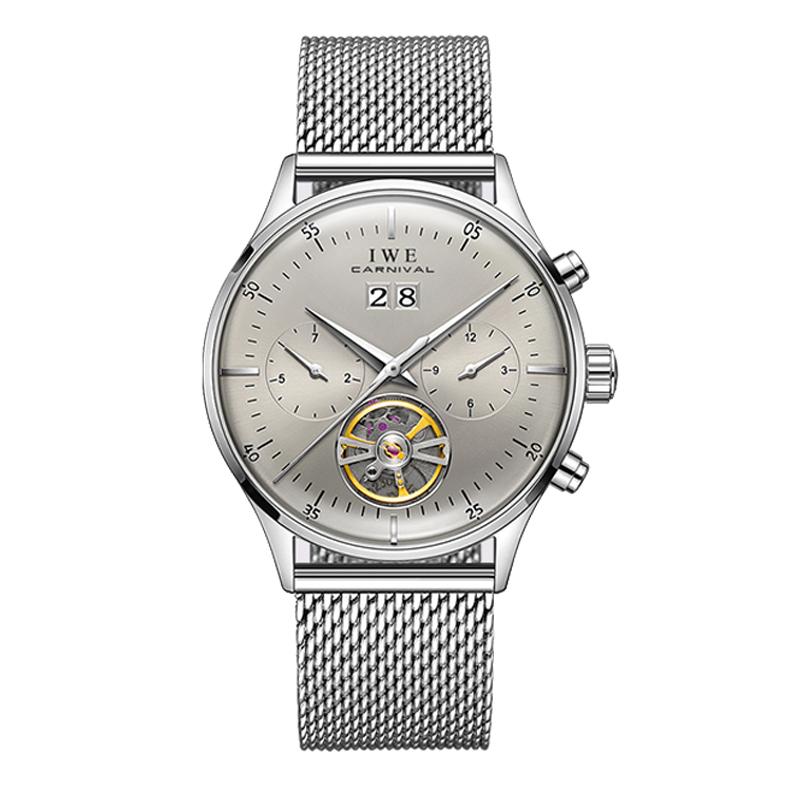 New CARNIVAL Grey Dial Luxury Tourbillon Watch For Men Mechanical Travel Time Wrist Watch Men Leather Waterproof