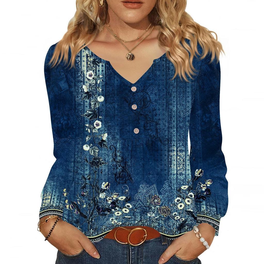 Women's Fashionable Casual V-neck Blouse Button Long-sleeved Pullover T-shirt Top