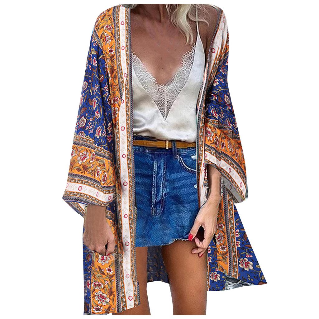Damski letni swobodny, modny nadruk z rękawami, luźny, świąteczny, długi kardigan